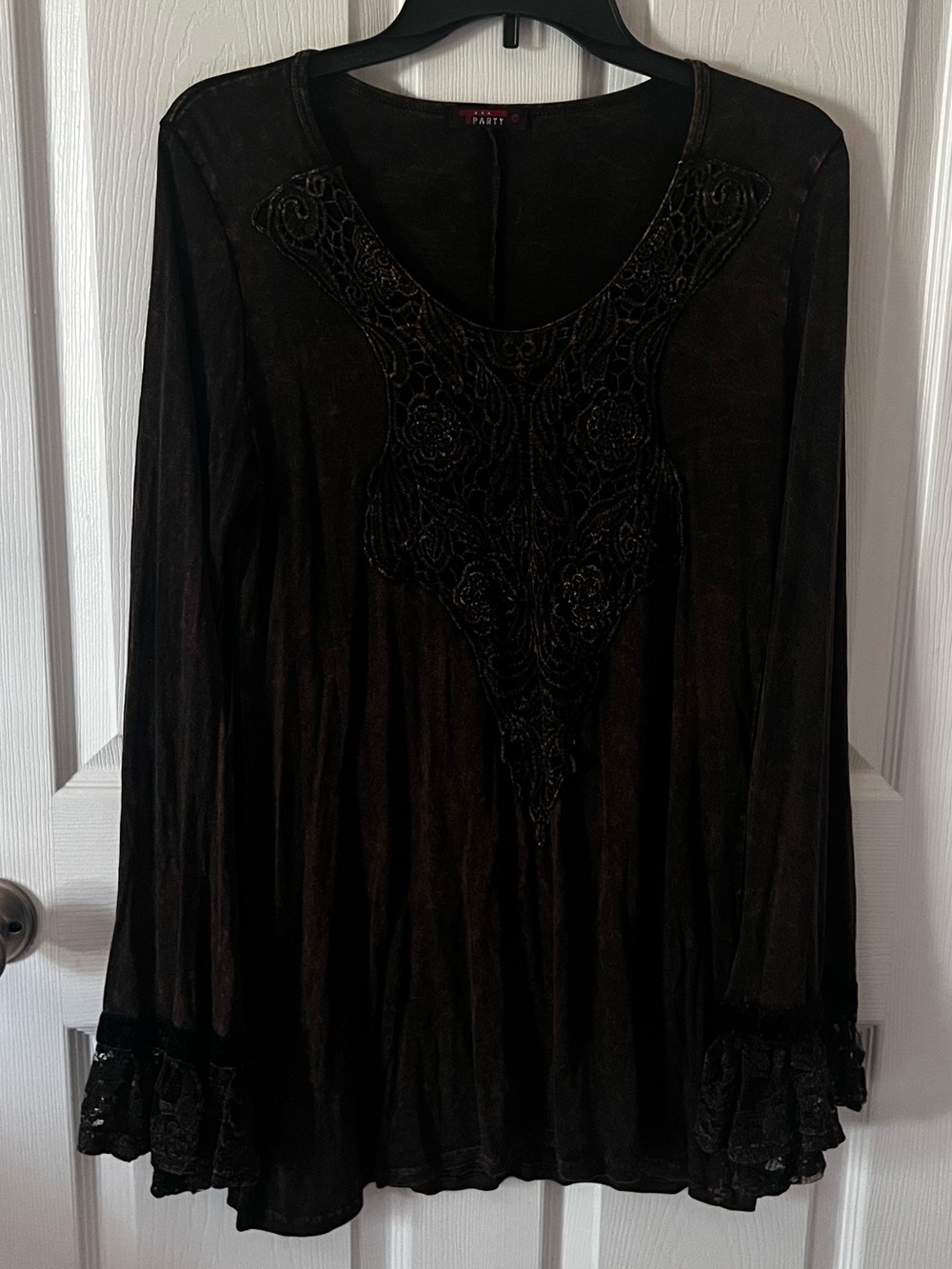 T-Party Brown Long-Sleeve V-Neck Embroidered Women's Top
